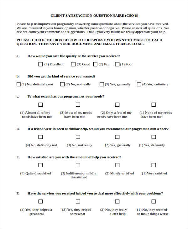 FREE 8+ Sample Client Satisfaction Questionnaire Forms in PDF MS Word