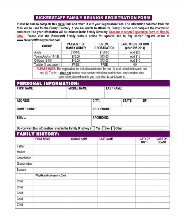FREE 10+ Sample Family Reunion Registration Forms in PDF MS Word Excel