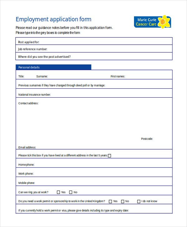 Job application form template Acas