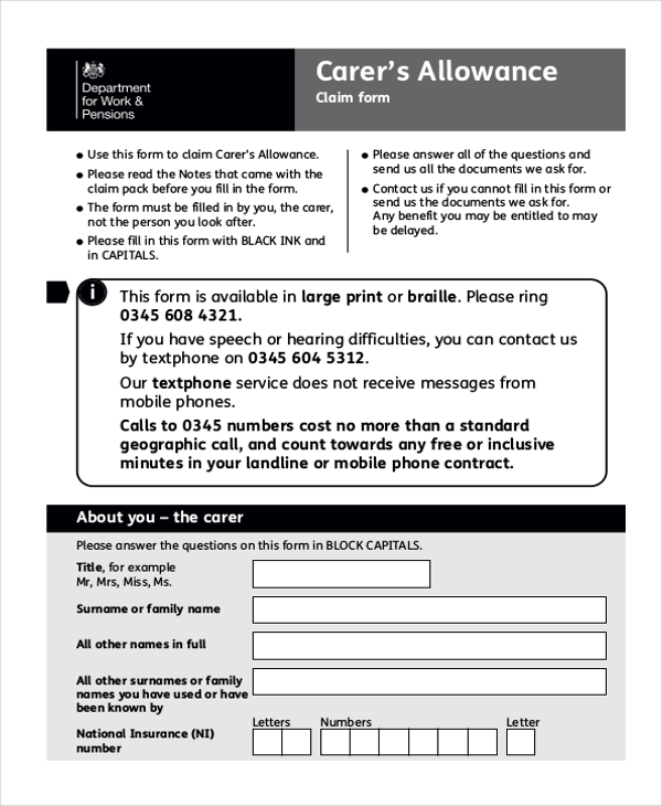 FREE 7+ Sample Disability Allowance Application Forms in PDF