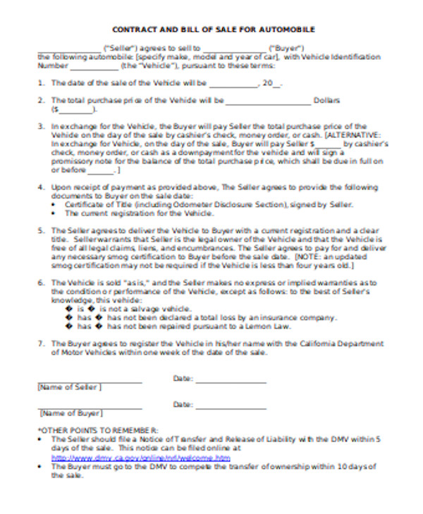 FREE 9+ Sample DMV Bill of Sale Forms in PDF MS Word