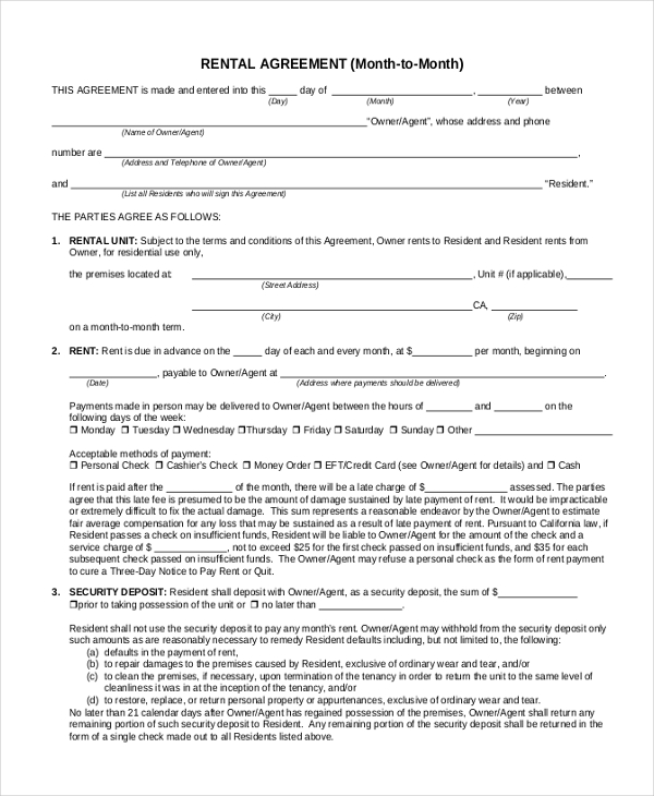 FREE 8+ Sample MonthtoMonth Rental Agreement Forms in PDF MS Word