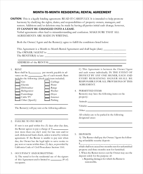 FREE 8+ Sample MonthtoMonth Rental Agreement Forms in PDF MS Word