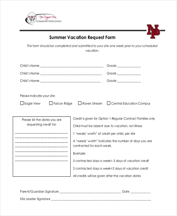 FREE 12+ Sample Vacation Request Forms in PDF MS Word Excel