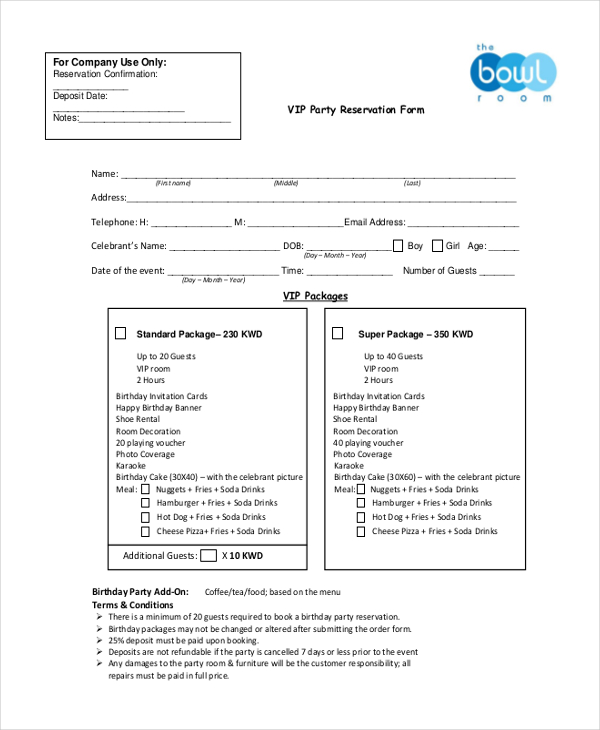 FREE 10+ Sample Party Reservation Forms in PDF MS Word