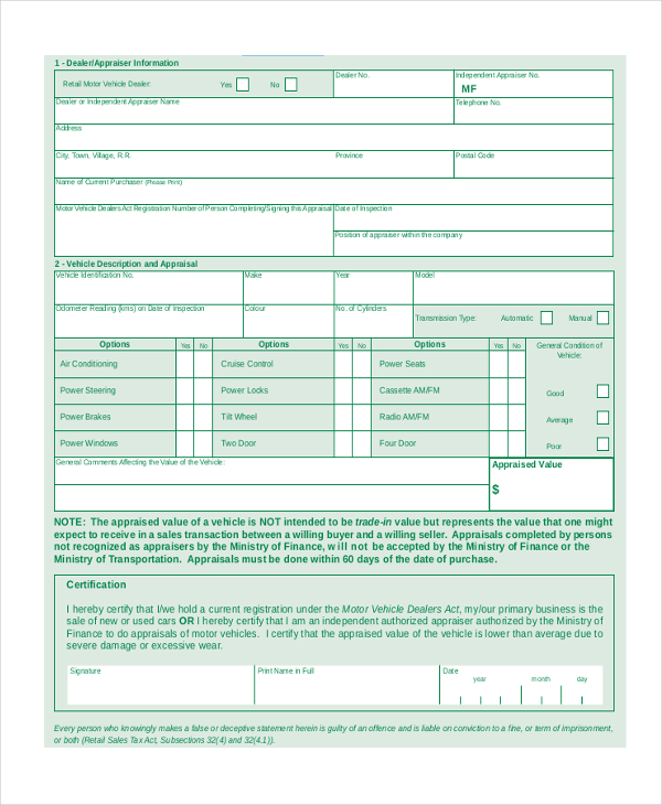 FREE 8+ Sample Car Appraisal Forms in PDF MS Word