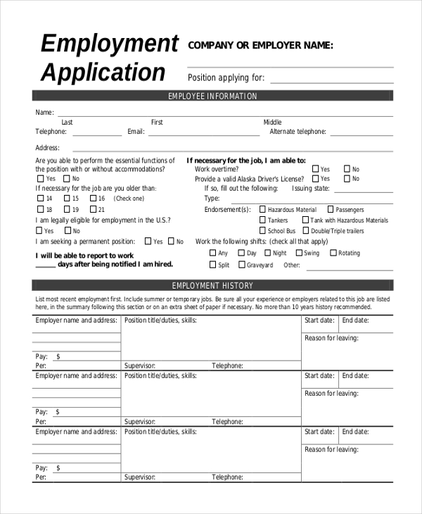 Generic Employment Application Idaho