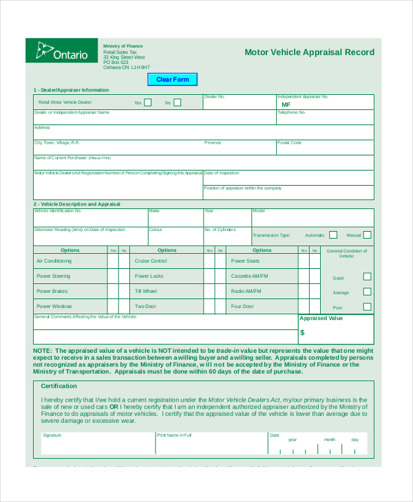 FREE 8+ Sample Vehicle Appraisal Forms in PDF MS Word