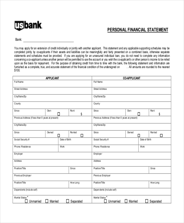 FREE 6+ Sample Personal Financial Statement Forms in MS Excel PDF