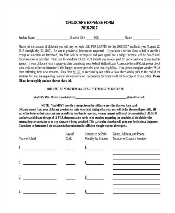 FREE 8+ Sample Child Care Expense Forms in PDF MS Word