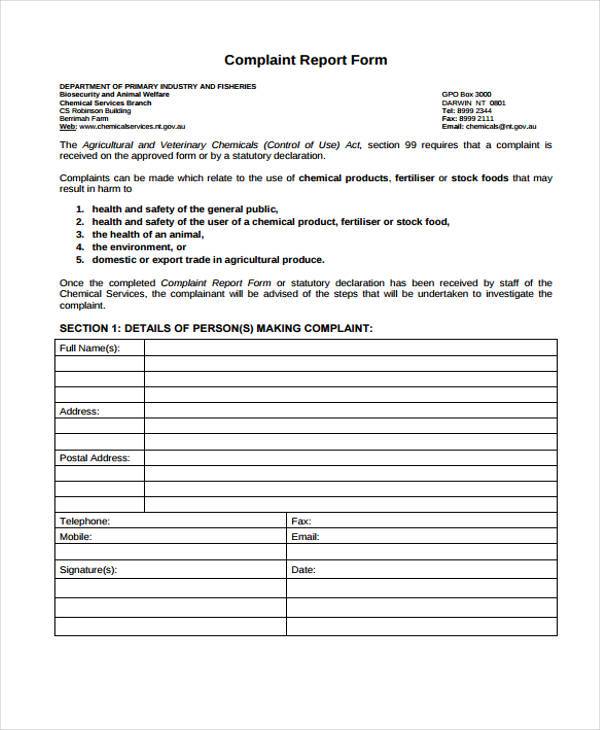 FREE 8+ Sample Complaint Reporting Forms in PDF MS Word