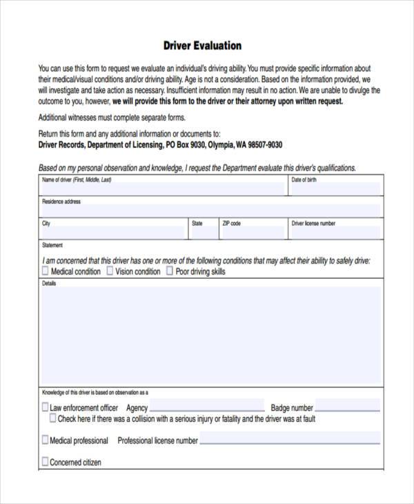 FREE 13+ Driver Evaluation Form Samples, PDF, MS Word, Google Docs