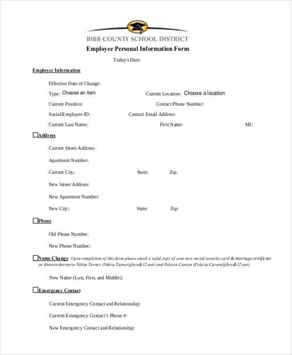 FREE 9+ Sample Employee Personal Information Forms in PDF Excel MS Word