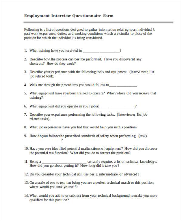 FREE 8+ Sample Employment Questionnaire Forms in PDF MS Word