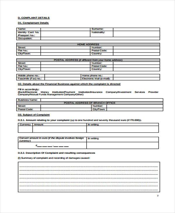 FREE 7+ Sample Financial Complaint Forms in MS Word PDF