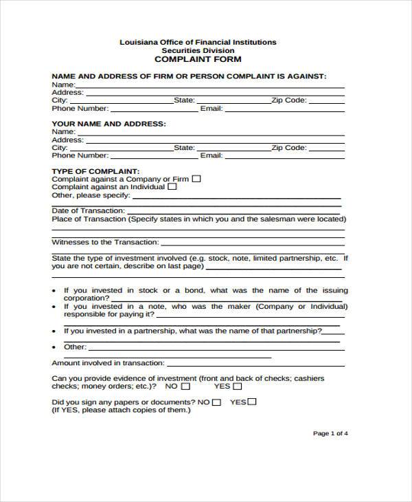 FREE 7+ Sample Financial Complaint Forms in MS Word PDF
