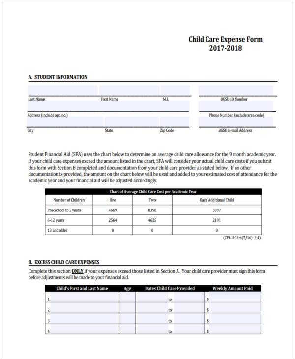 FREE 8+ Sample Child Care Expense Forms in PDF MS Word