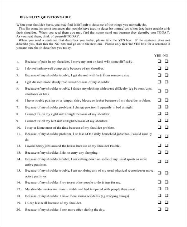 FREE 8+ Sample Disability Questionnaire Forms in PDF MS Word