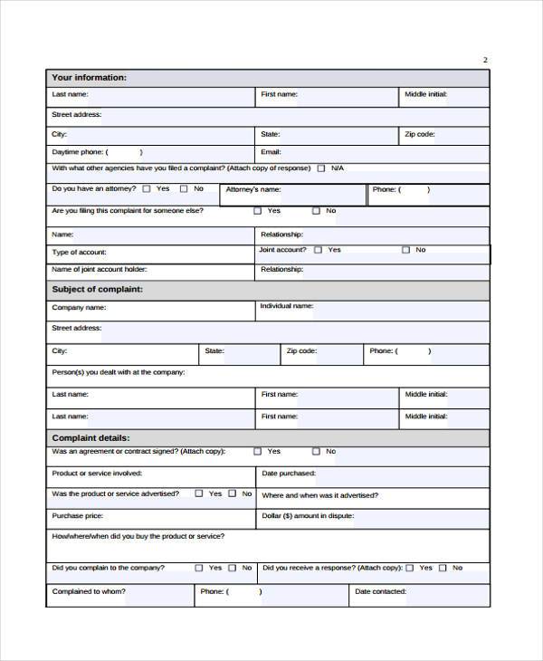 FREE 7+ Sample Financial Complaint Forms in MS Word PDF