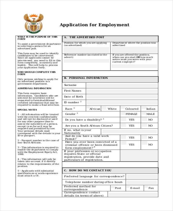 Standard Application for Employment eForms