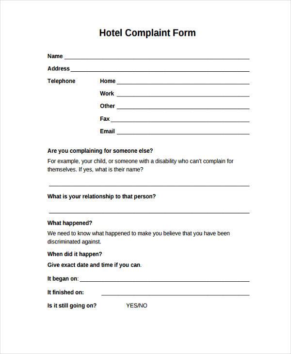 FREE 7+ Sample Hotel Complaint Forms in PDF MS Word