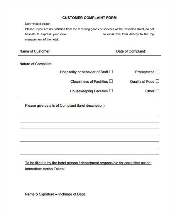 FREE 7+ Sample Hotel Complaint Forms in PDF MS Word