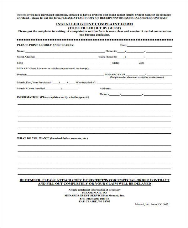 FREE 9+ Guest Complaint Forms in PDF MS Word