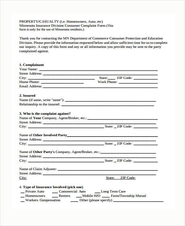 FREE 7+ Sample Insurance Complaint Forms in MS Word PDF