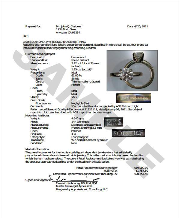 FREE 7+ Jewelry Appraisal Form Samples in PDF MS Word