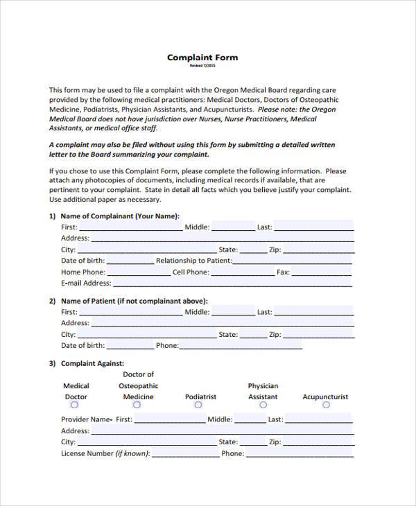 FREE 7+ Sample Medical Complaint Forms in PDF MS Word