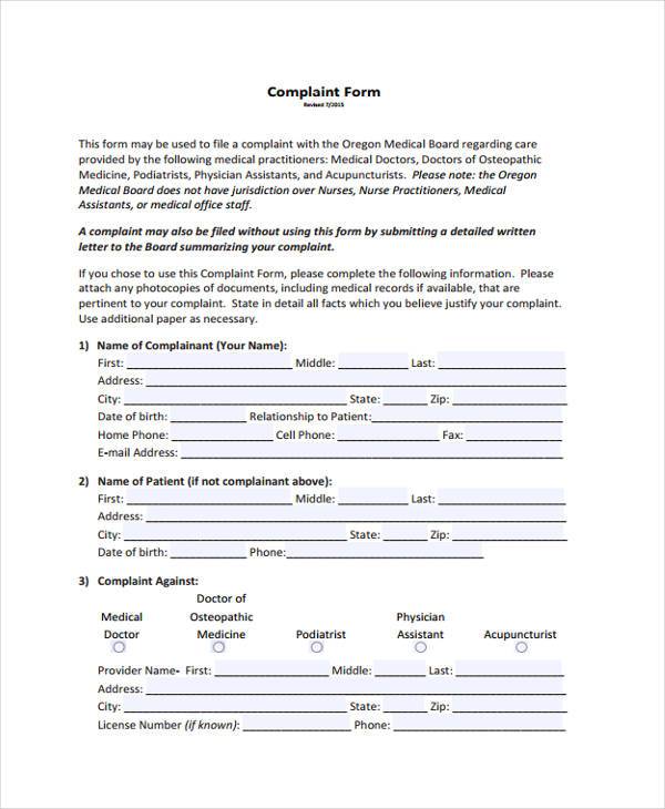 FREE 7+ Sample Medical Complaint Forms in PDF MS Word