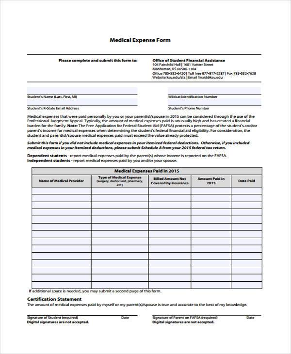 FREE 8+ Sample Medical Expense Forms in PDF MS Word