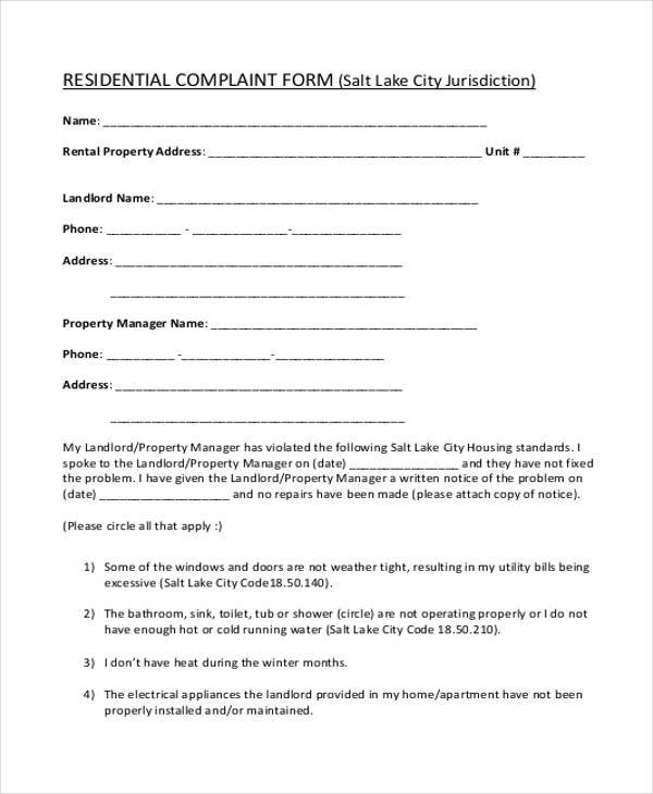 FREE 7+ Residential Complaint Forms in PDF MS Word