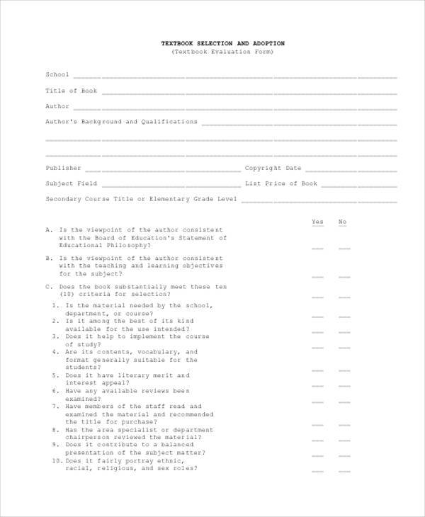 FREE 7+ Sample Textbook Evaluation Forms in PDF MS Word