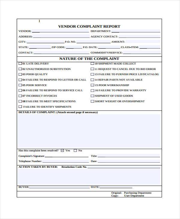 FREE 8+ Sample Vendor Complaint Forms in PDF MS Word