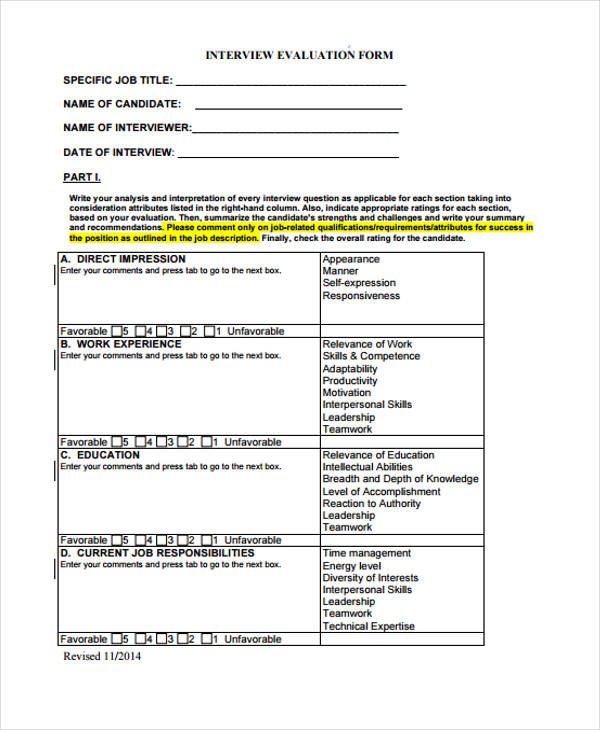 FREE 22+ Interview Evaluation Forms in PDF