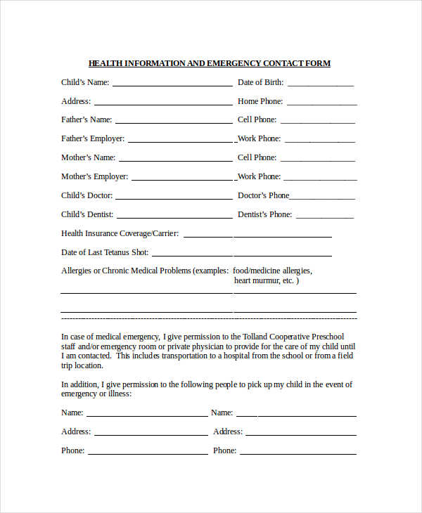 FREE 32+ Emergency Contact Forms in PDF Excel MS Word