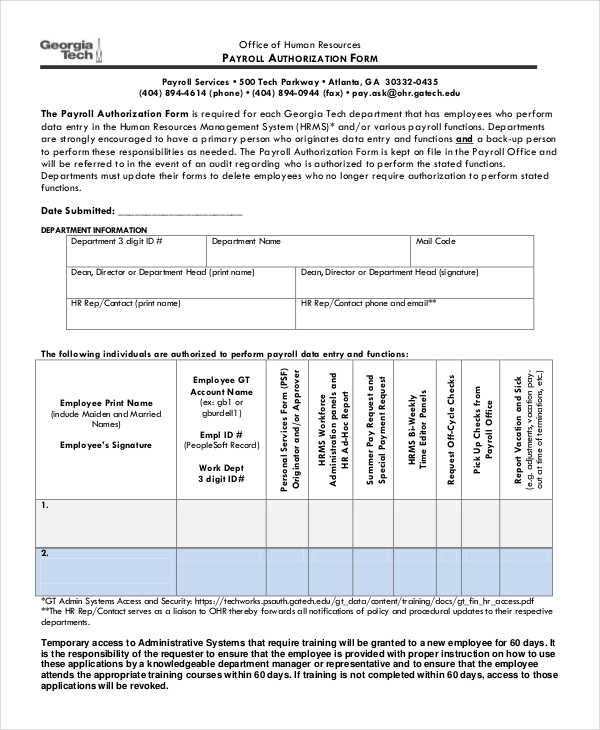 FREE 14+ Payroll Authorization Forms in PDF Excel MS Word