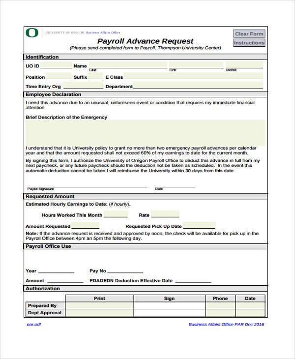 Printable Form For Salary Advance / Payroll Advance Form