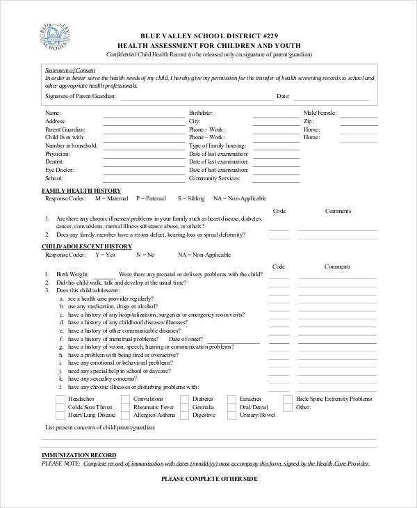 School Health Assessment Form