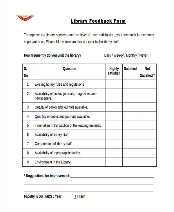 FREE 7+ Library Feedback Forms in PDF MS Word