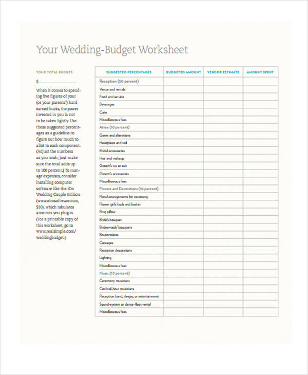 FREE 7+ Wedding Budget Forms in PDF MS Word