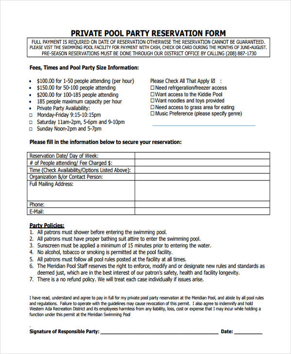 FREE 11+ Sample Party Reservation Forms in PDF MS Word