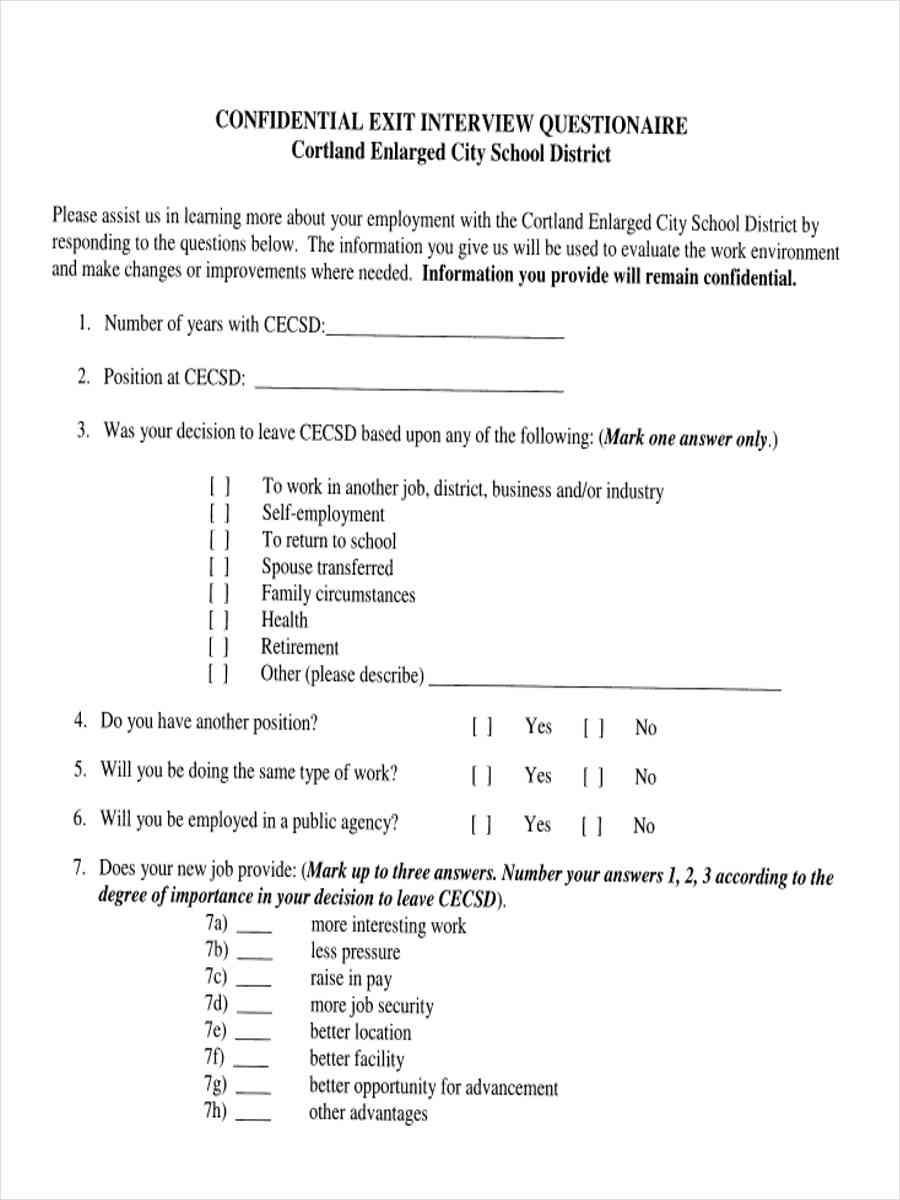 FREE 7+ Exit Interview Questionnaire Forms in PDF Ms Word