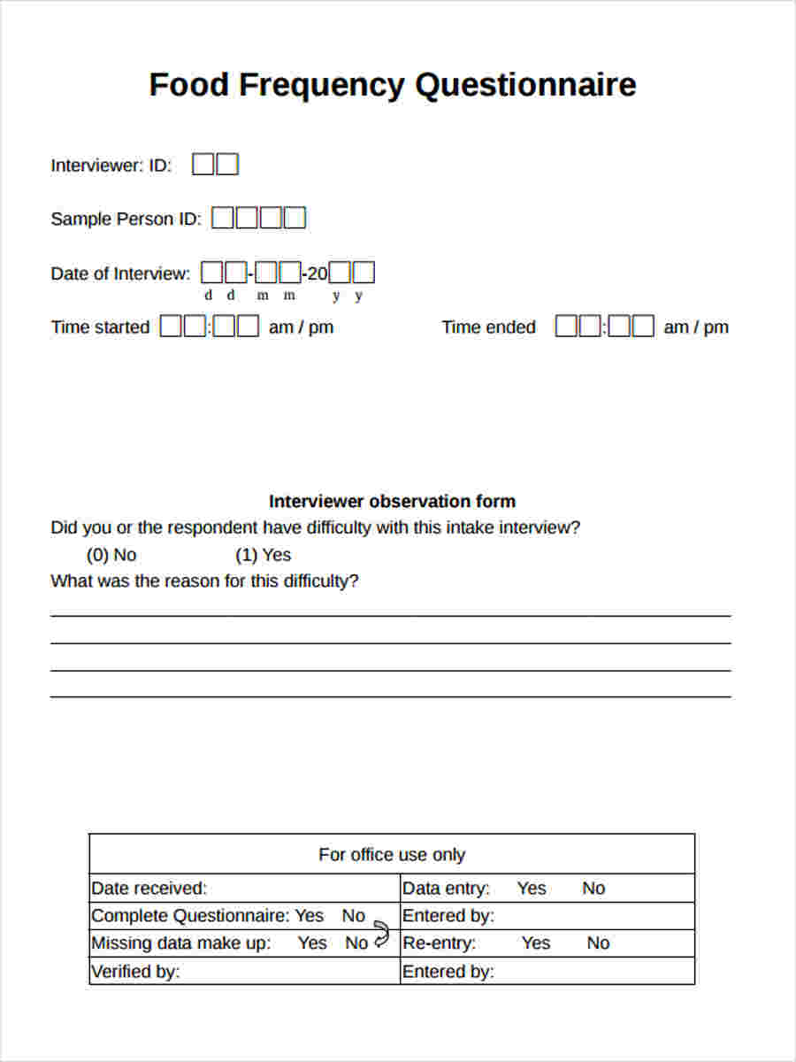FREE 5+ Food Frequency Questionnaire Forms in PDF
