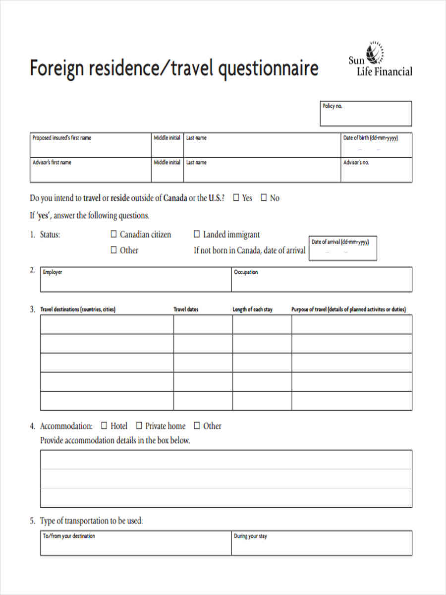 FREE 6+ Sample Residence Questionnaire Forms in PDF