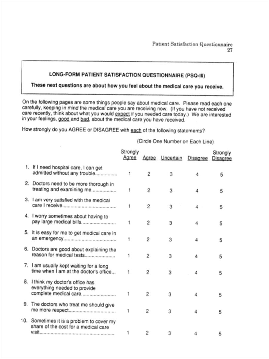 FREE 7+ Patient Satisfaction Questionnaire Forms in PDF Ms Word