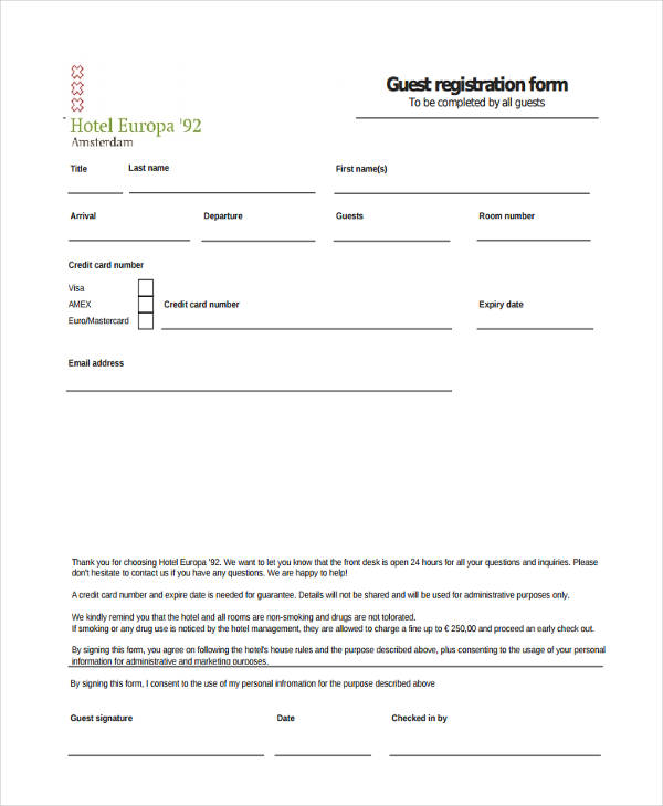 FREE 17+ Hotel Registration Forms in PDF Ms Word