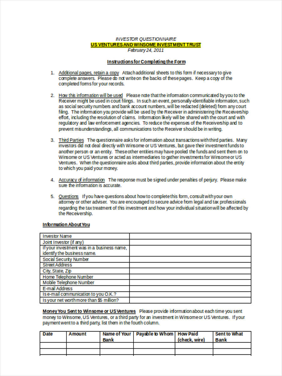 FREE 6+ Investor Questionnaire Forms in PDF Ms Word