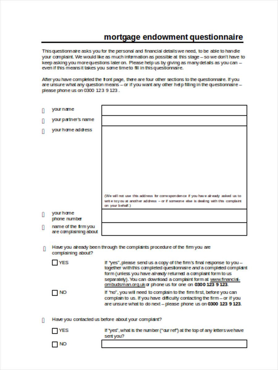 FREE 8+ Sample Mortgage Questionnaire Forms in MS Word PDF